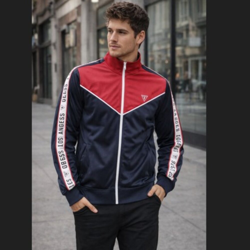 GUESS Track Jacket Men's S Blue Red‎ Zip Logo Retro Y2K Streetwear